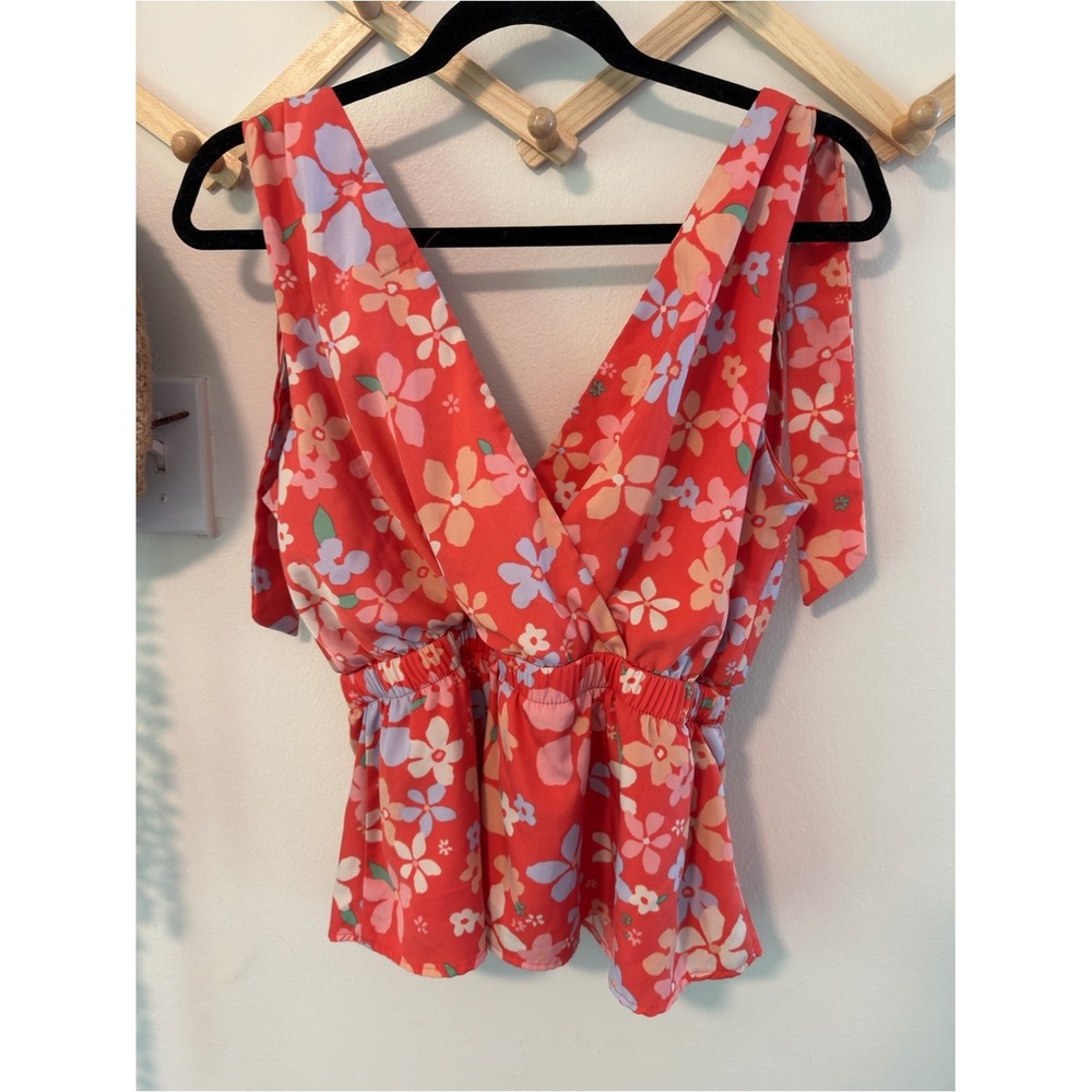fab'rik Floral Surplice Peplum Tie Shoulder Top Medium Coral Red - Picture 6 of 8